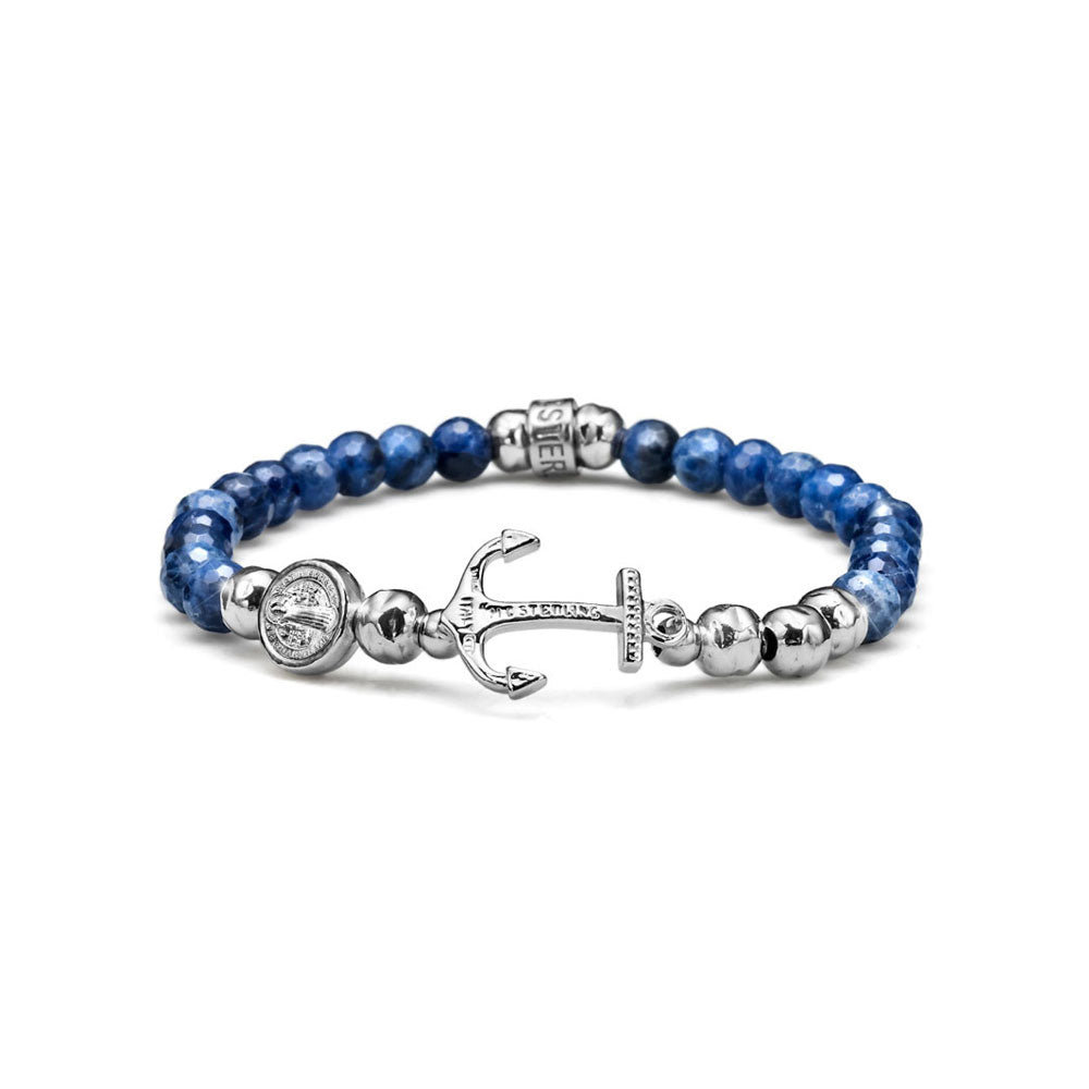 BRACCIALE UOMO COLLEZIONE NEPTUNE ARGENTO E SODALITE CON ELASTICO E ANCORA