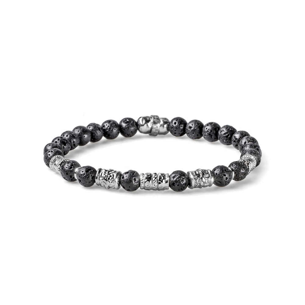 MEN'S ELASTIC BRACELET NEPTUNE COLLECTION SILVER ALTERNATE WITH LAVA PEARLS