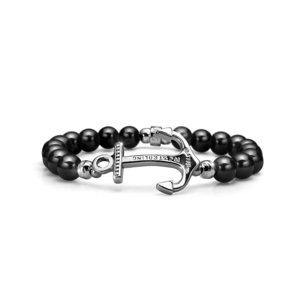 MEN'S ELASTIC BRACELET NEPTUNE SILVER AND BLACK AGATE ANCHOR CHARM