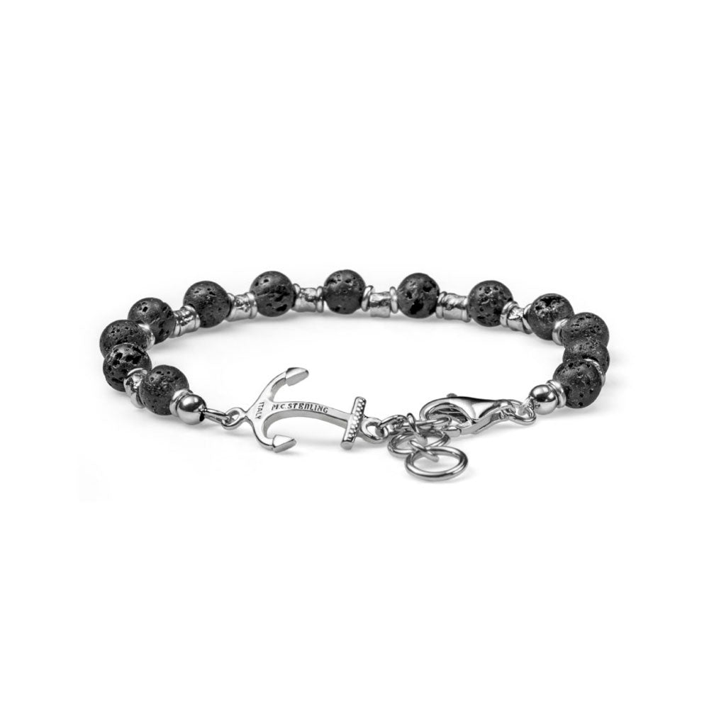 MEN'S BRACELET NEPTUNE COLLECTION MIX SILVER AND LAVA PEARLS ANCHOR PENDANT