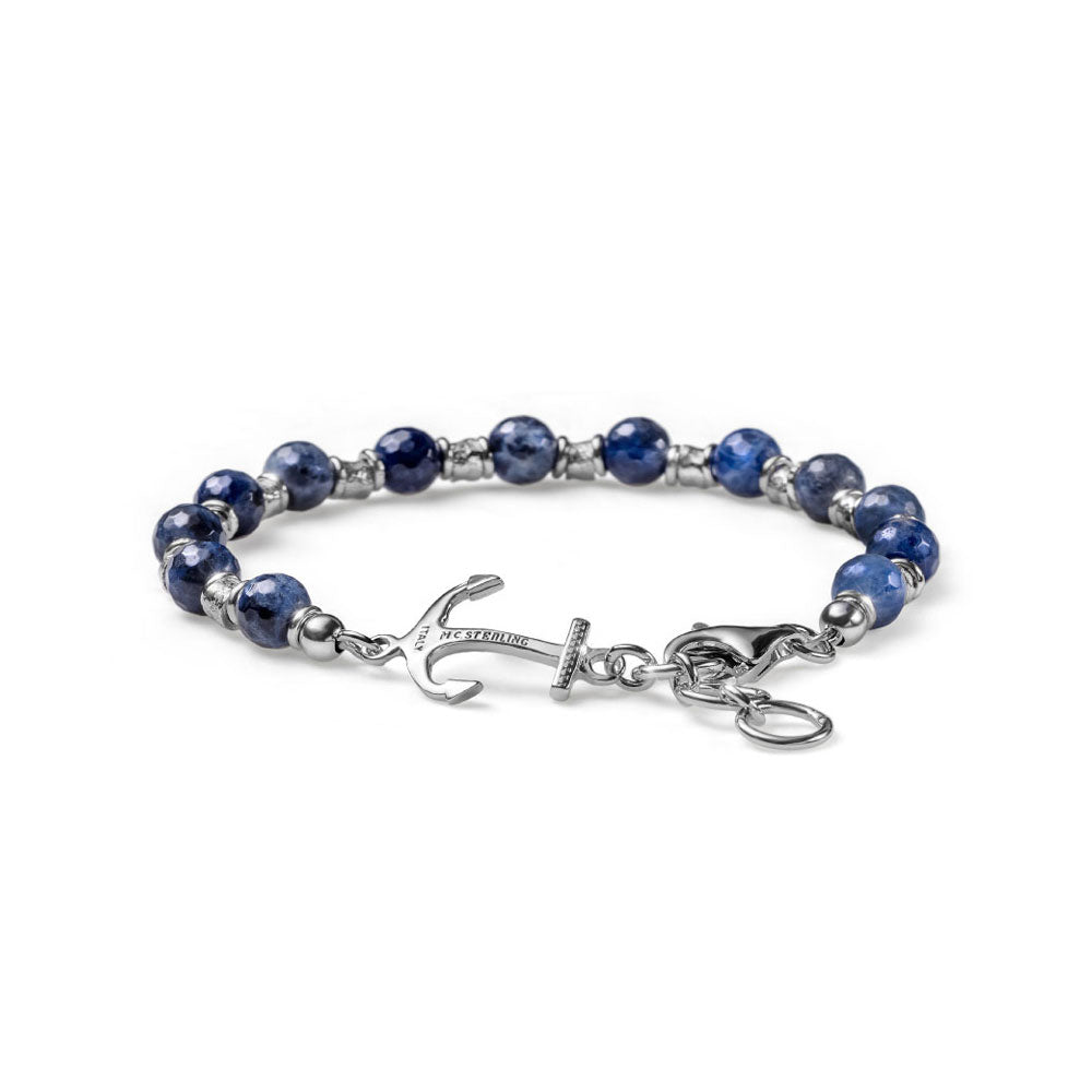 BRACCIALE UOMO CHIUSURA MOSCHETTONE COLLEZIONE NEPTUNE MIX ARGENTO E SODALITE 6MM CIONDOLO ANCORA