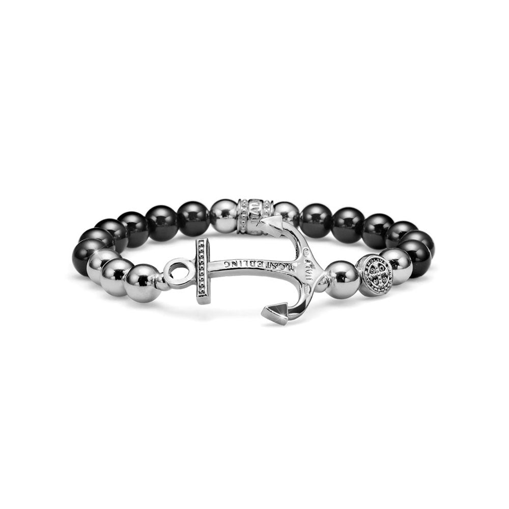 MEN'S BRACELET NEPTUNE COLLECTION 925 SILVER AND BLACK AGATE ELASTIC WITH ANCHOR