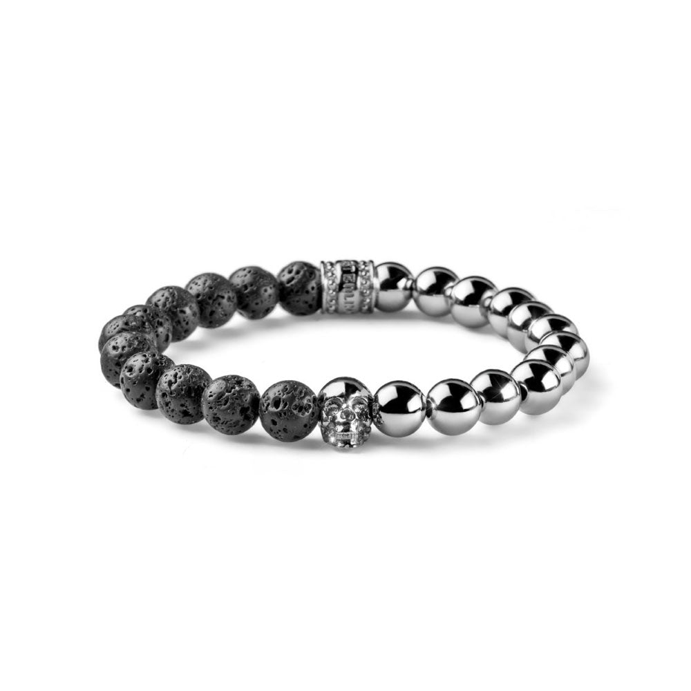 BRACCIALE ELASTICO UOMO CON TESCHIO COLLEZIONE SKULL SFERE ARGENTO E PERLE DI LAVA