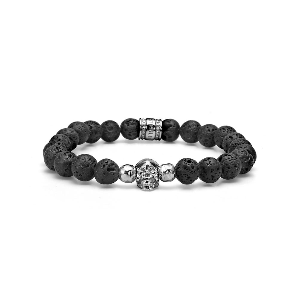 BRACCIALE TESCHIO UOMO ELASTICO COLLEZIONE SKULL ARGENTO E PERLE DI LAVA