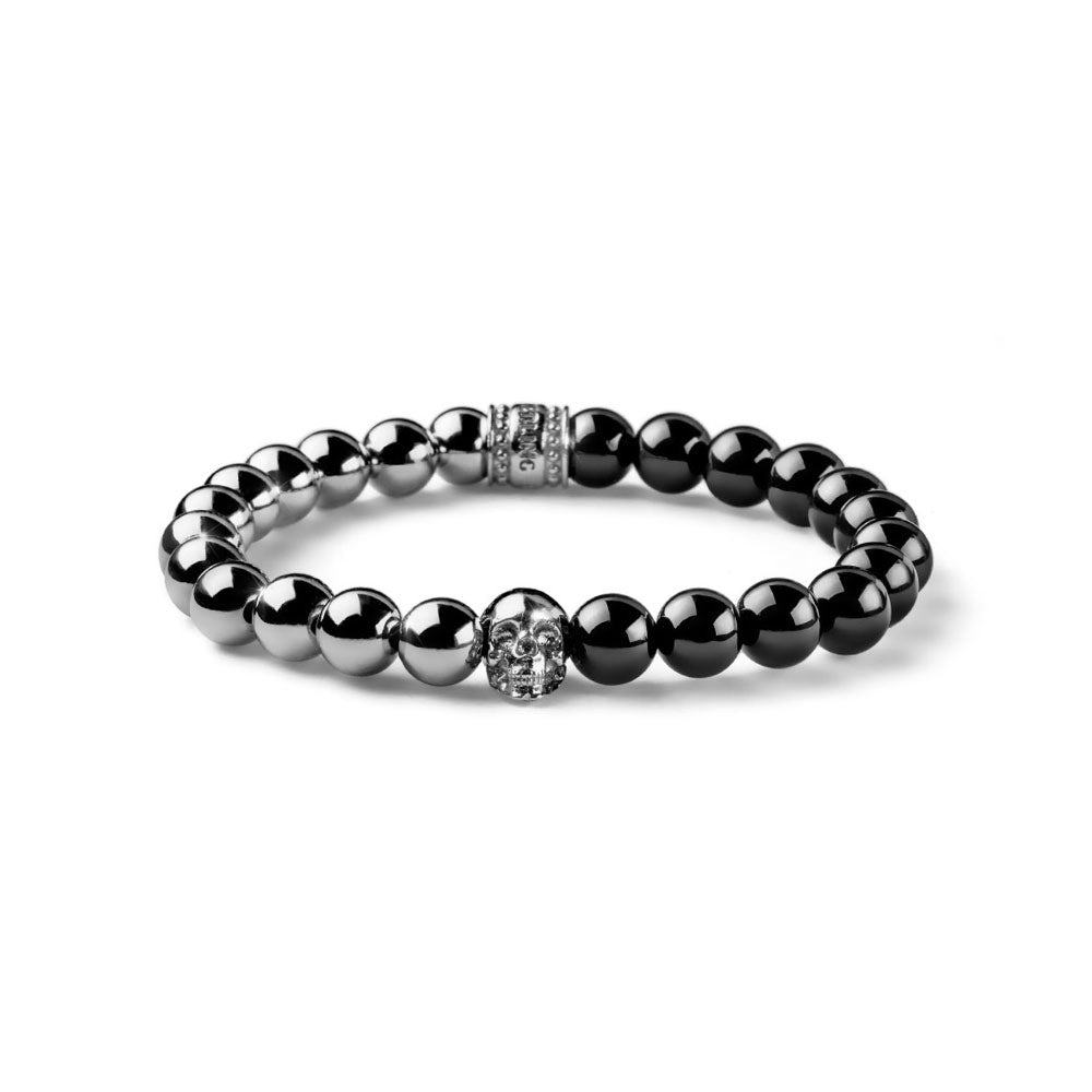 BRACCIALE UOMO ELASTICO COLLEZIONE SKULL SFERE ARGENTO E AGATA NERA TESCHIO AL CENTRO