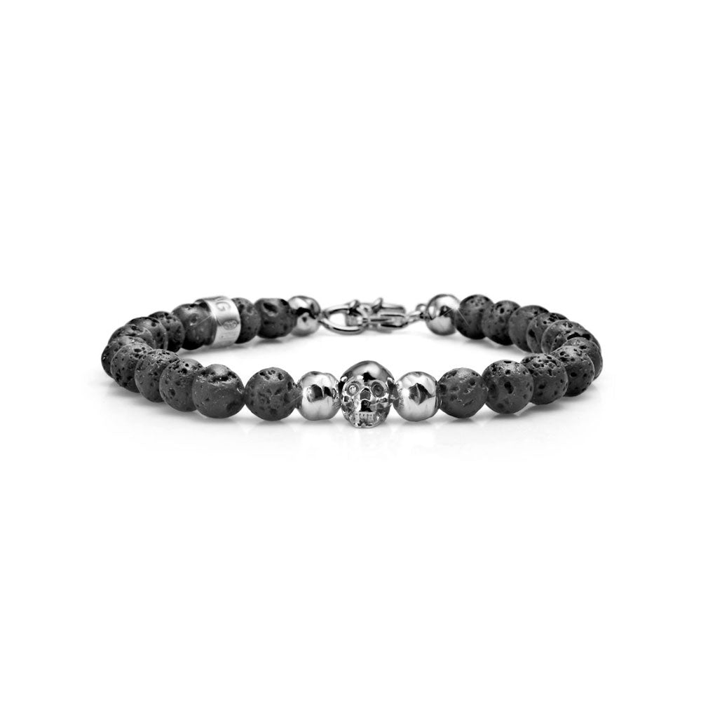 BRACCIALE TESCHIO UOMO COLLEZIONE SKULL ARGENTO E PERLE DI LAVA