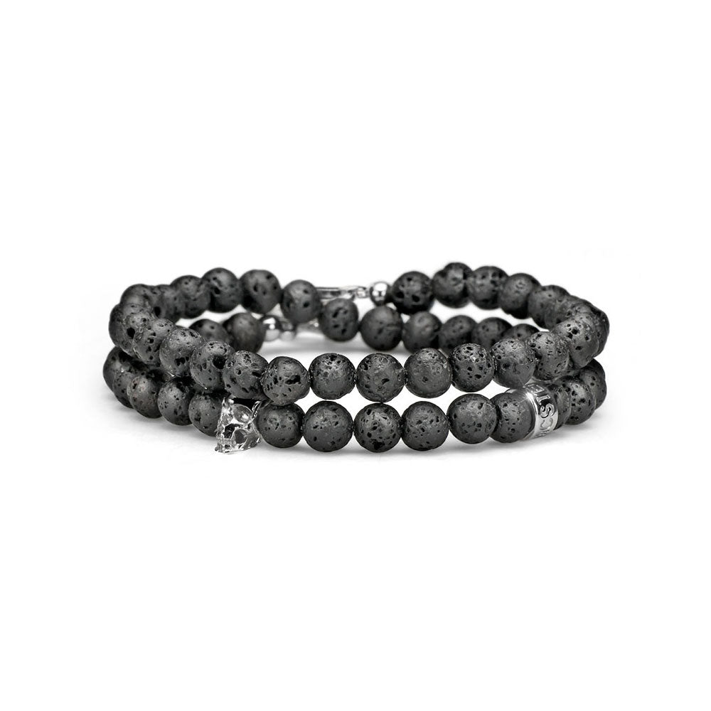 BRACCIALE UOMO DUE GIRI COLLEZIONE SKULL ARGENTO E PERLE DI LAVA