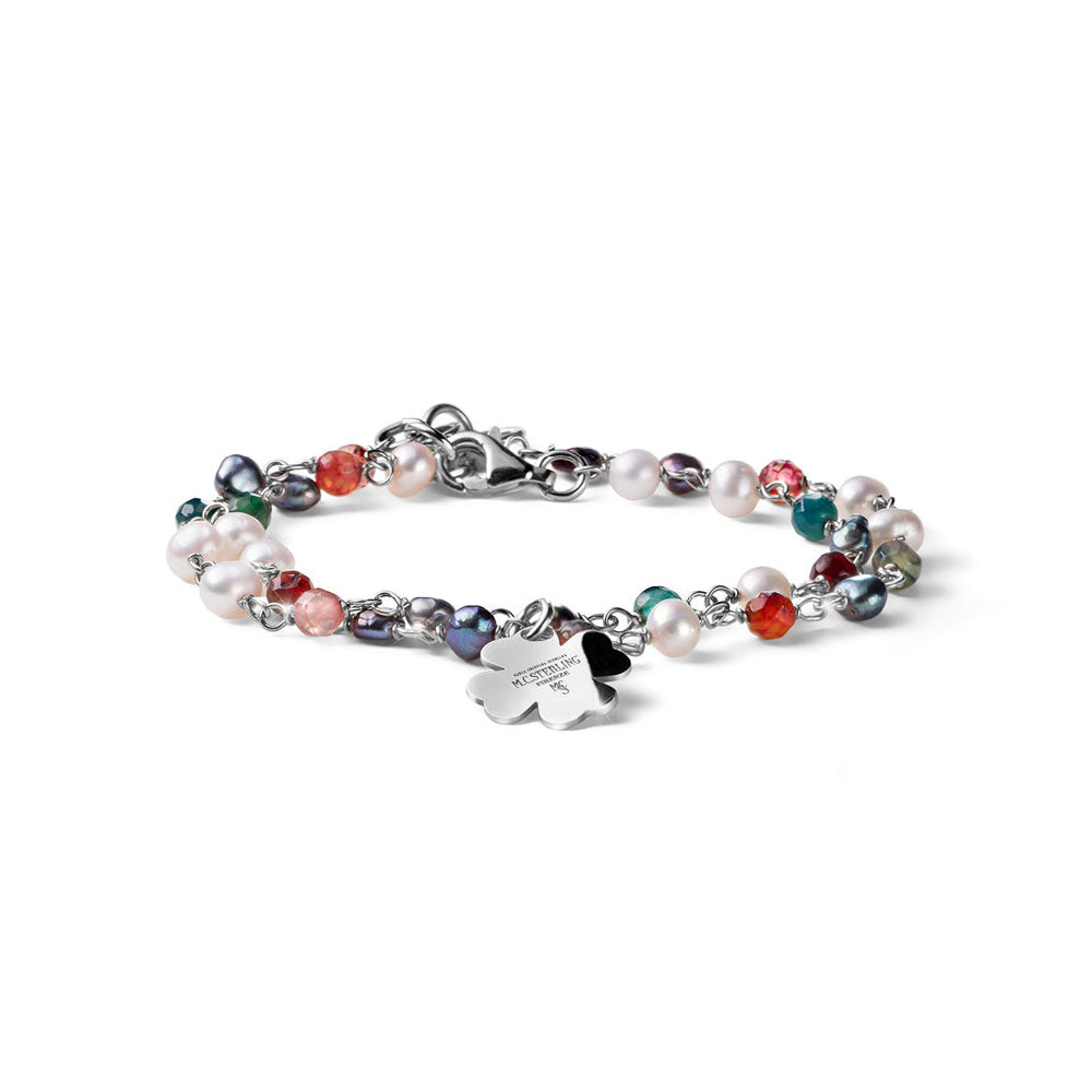 BRACCIALE DONNA QUADRIFOGLIO LUCKYOU ARGENTO E PIETRE COLORATE 2 GIRI