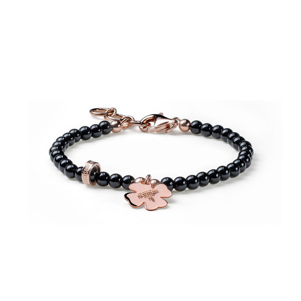 BRACCIALE DONNA QUADRIFOGLIO AGATA NERA CHARM ARGENTO