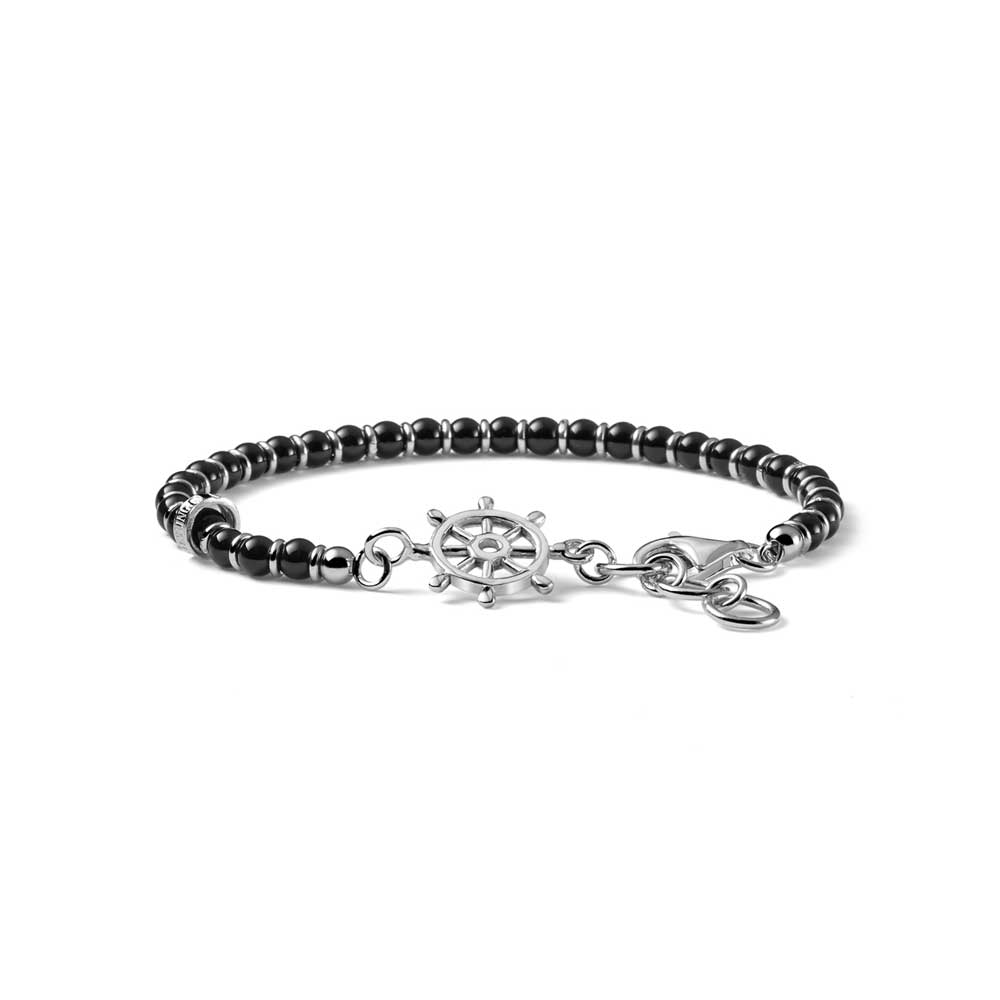 MEN'S BRACELET NEPTUNE COLLECTION SILVER AND BLACK AGATE WITH HELM