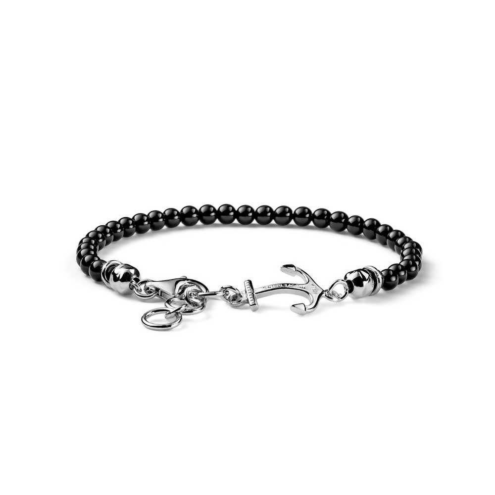 MEN'S BRACELET NEPTUNE COLLECTION SILVER AND MINI BLACK AGATE STONES ANCHOR