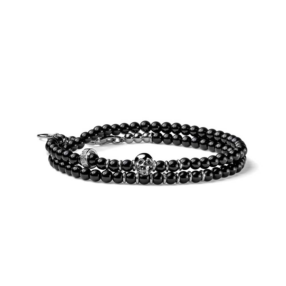 BRACCIALE UOMO DUE GIRI CON TESCHIO COLLEZIONE SKULL ARGENTO E AGATA NERA