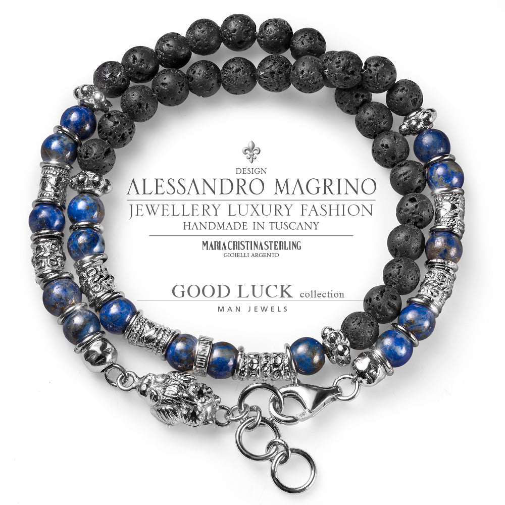 bracciale uomo-argento lapis e perle di lava-due giri-good luck-maria cristina sterling