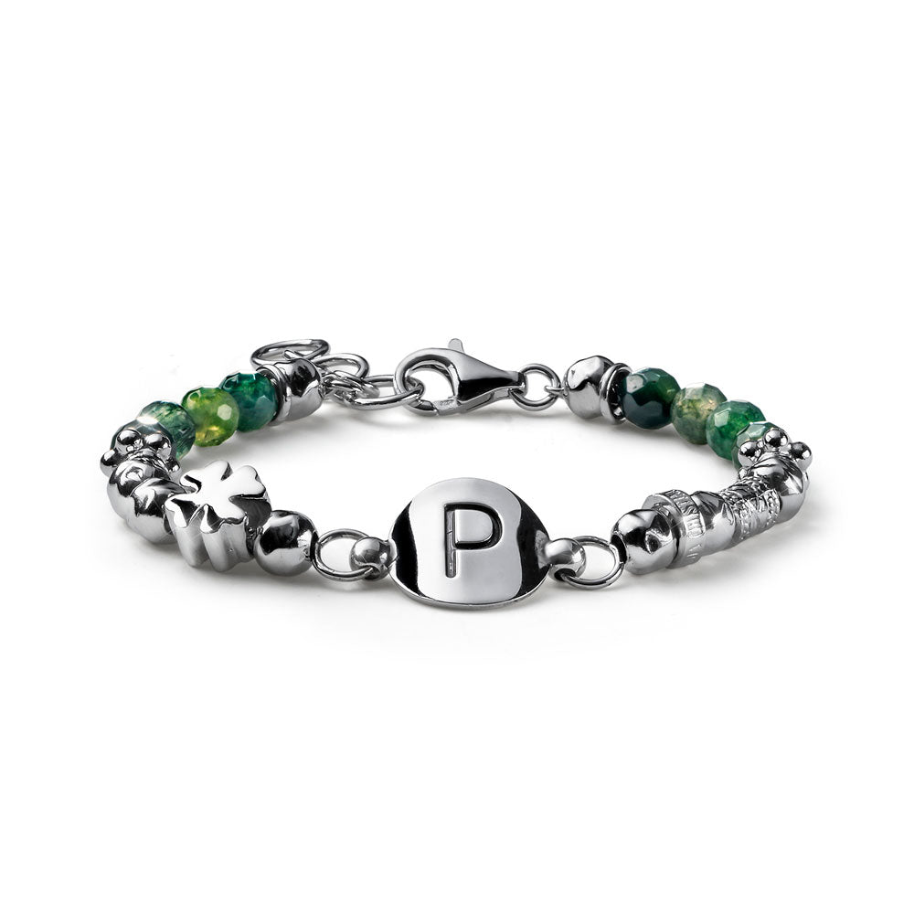 BRACCIALE DONNA COLLEZIONE DEDICATO A TE IN ARGENTO E AGATA MUSCHIATA LETTERA E QUADRIFOGLIO