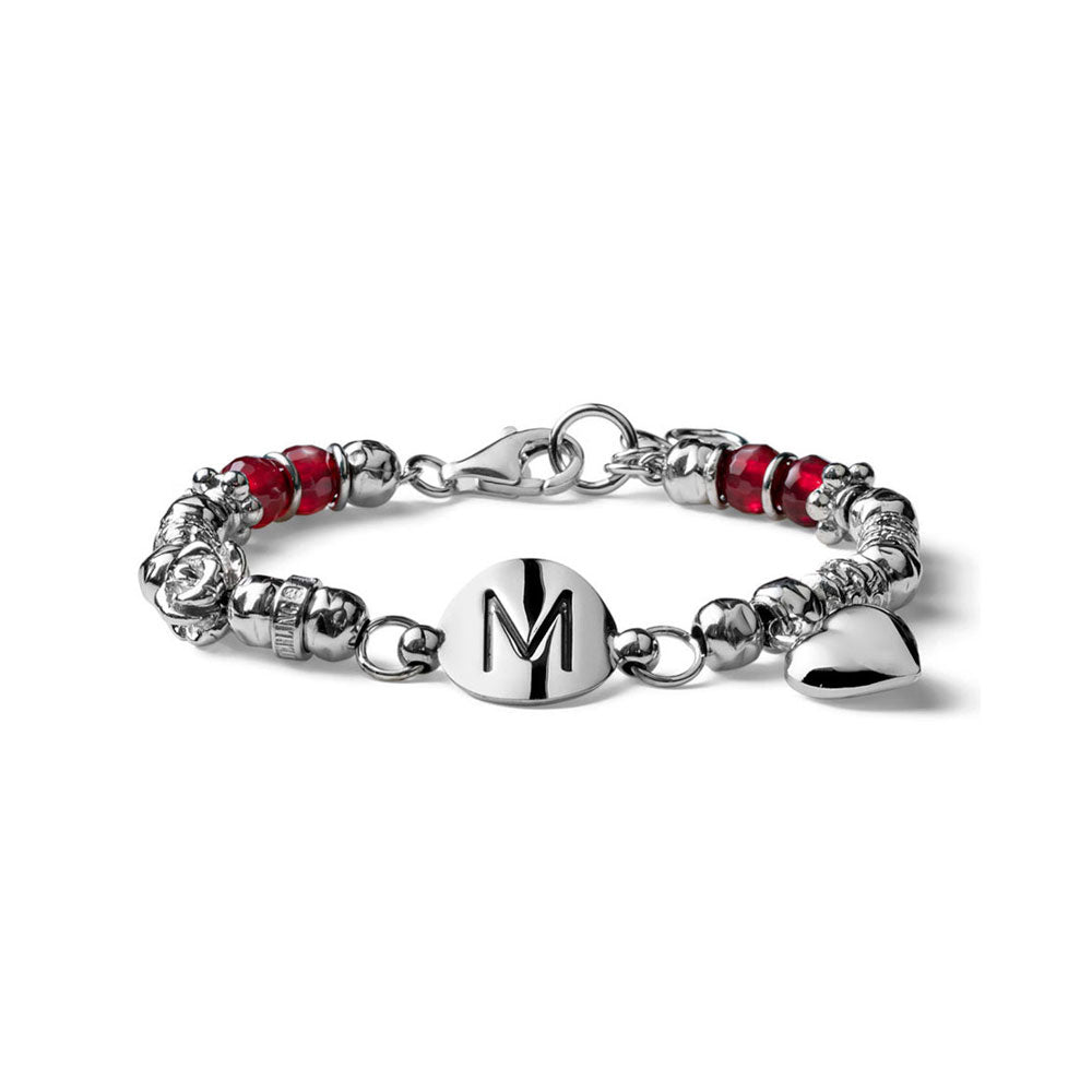 WOMEN'S BRACELET ROSES WITH SILVER INITIALS AND RUBY AGATE HEART CHARM