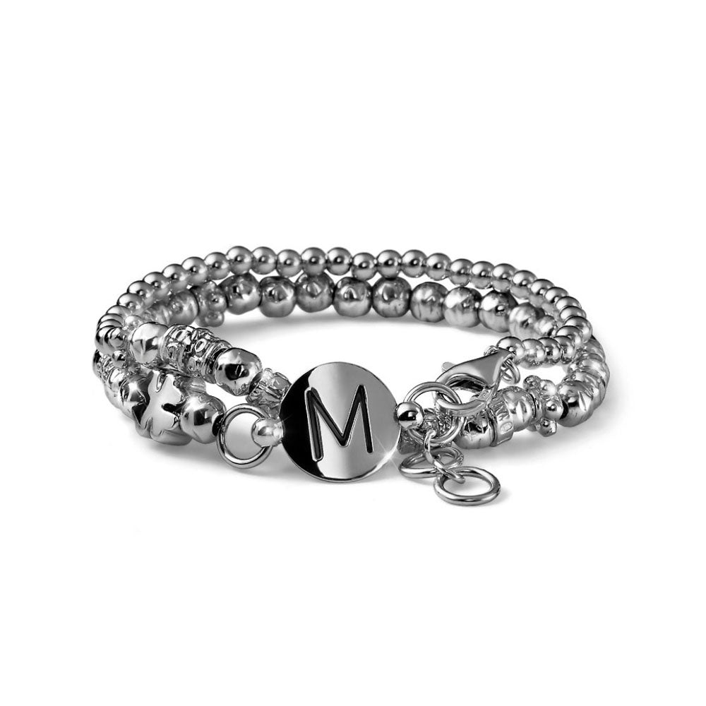 WOMEN'S BRACELET WITH LETTER OF YOUR CHOICE AND TWO WOUNDS SILVER FOUR-LEAF FOUR LEAF CHARM