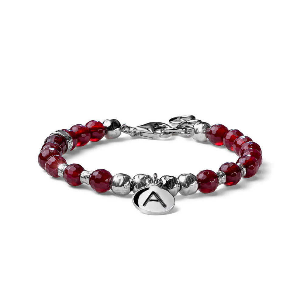 WOMEN'S BRACELET COLLECTION DEDICATED TO YOU IN SILVER AND FACETED RUBY AGATE, WITH LETTER