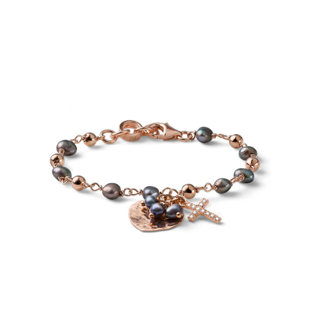 WOMEN'S BRACELET DREAMS COLLECTION IN PINK SILVER AND GRAY PEARLS WITH HEART AND CROSS PENDANT