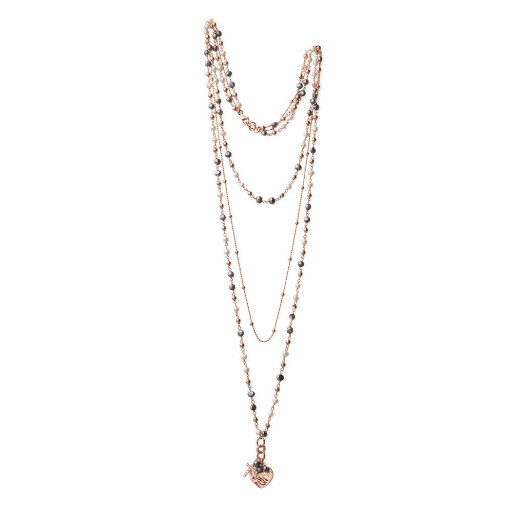 COLLANA DONNA TRE GIRI COLLEZIONE DREAMS ARGENTO ROSA CON PERLE BICOLOR E PENDENTE CUORE