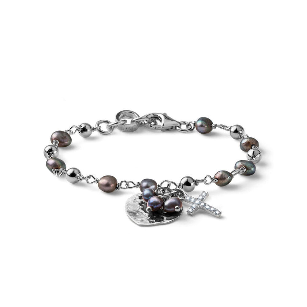 BRACCIALE DONNA COLLEZIONE DREAMS ARGENTO E  PERLE GRIGIE CON PENDENTE CUORE e CROCE