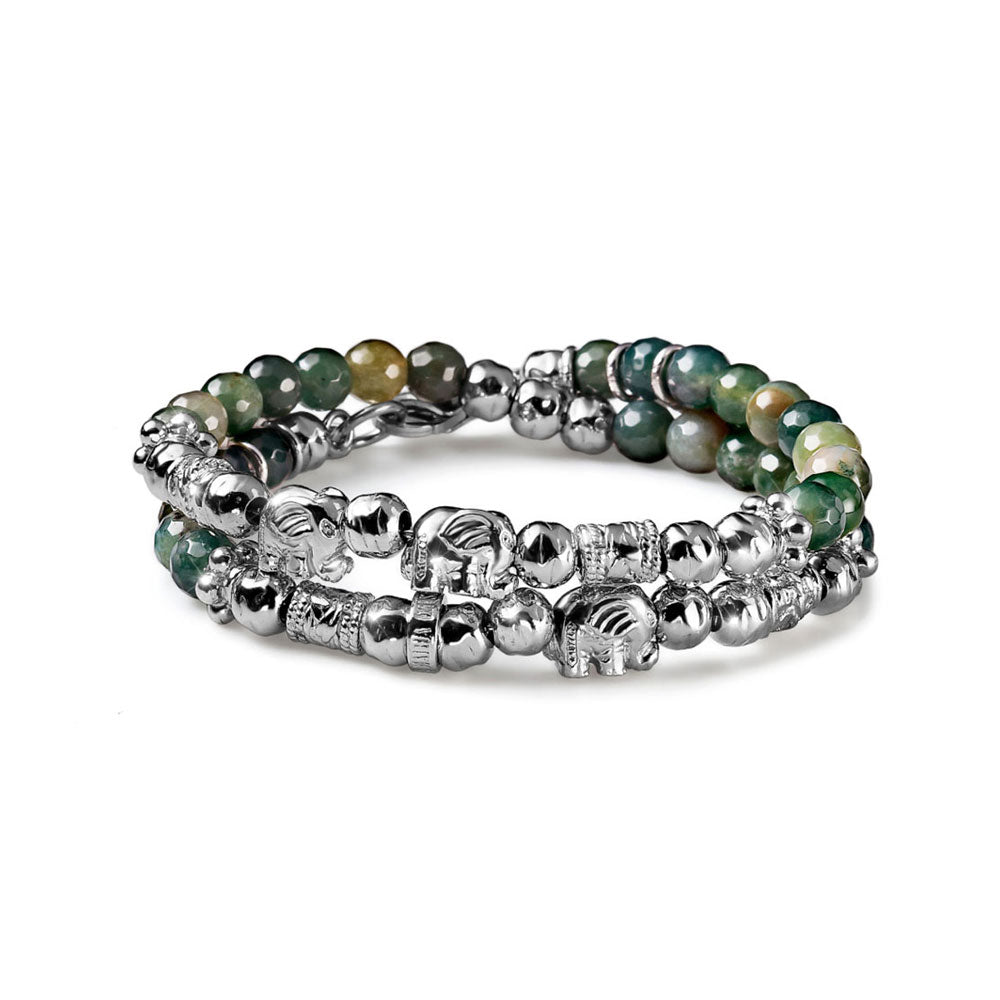 WOMEN'S SILVER ELEPHANT AND TWO WOUND MUSK AGATE BRACELET