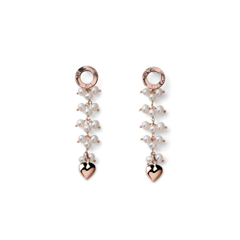 ORECCHINI PENDENTI PEARLS ARGENTO ROSA A CASCATA PIETRE BIANCHE CHARM CUORE