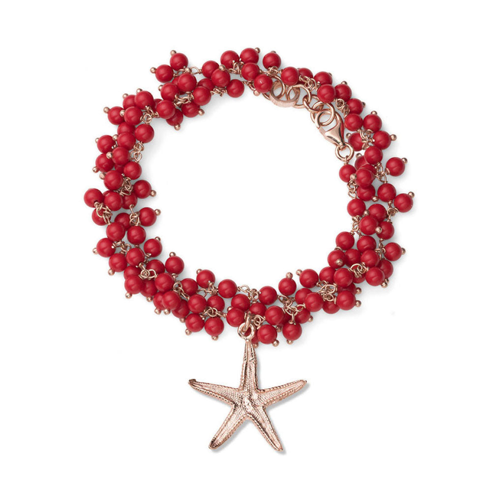 WOMEN'S BRACELET IN PINK SILVER AND CORAL COLORED STONES, TWO WOUNDS WITH LARGE STARFISH