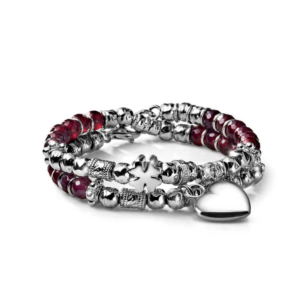 WOMEN'S TWO TURN BRACELET LOVE COLLECTION SILVER AND RUBY AGATE QUADRIFOGLIO