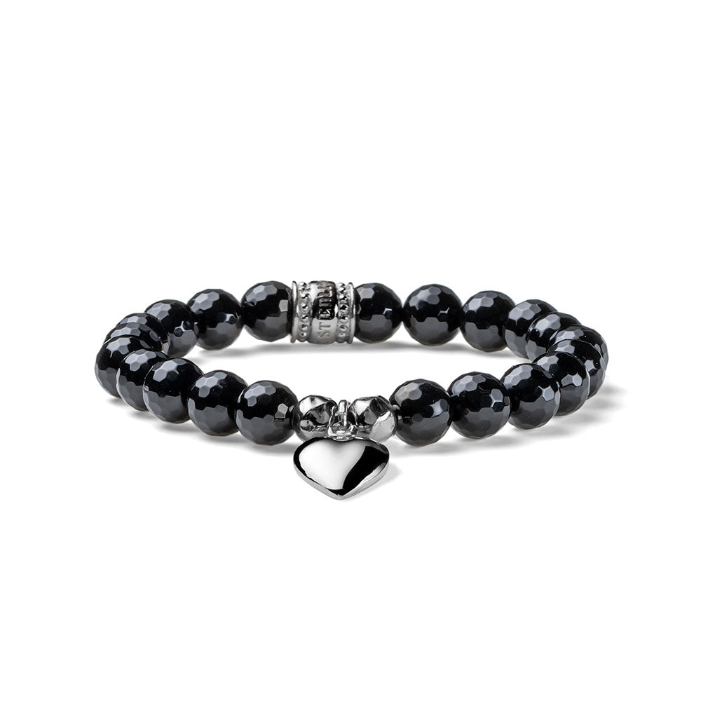 WOMEN'S ELASTIC BRACELET LOVE BLACK AGATE HEART IN PINK SILVER