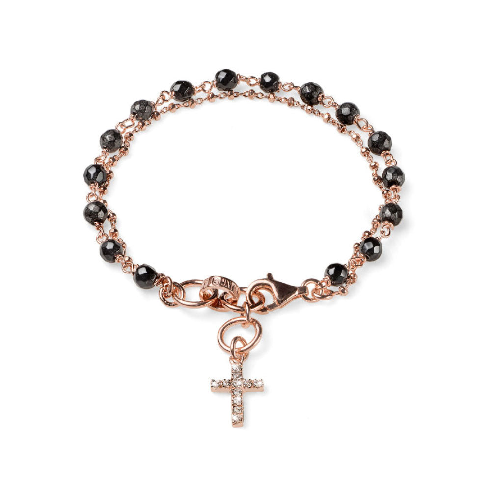 WOMEN'S BRACELET ROSE COLLECTION SILVER ROSE GOLD AND BLACK AGATE WITH BRILLIANT CROSS