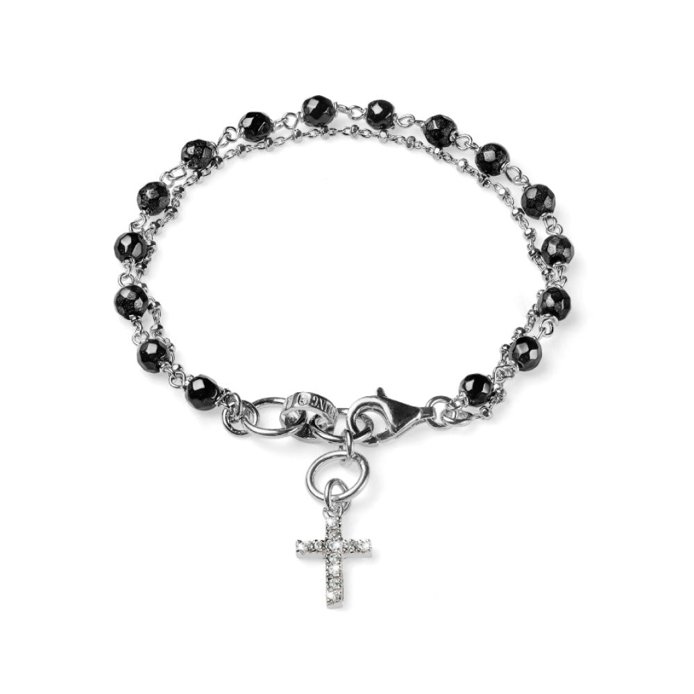 WOMEN'S BRACELET OF SILVER ROSE COLLECTION AND BLACK AGATE WITH BRILLIANT CROSS