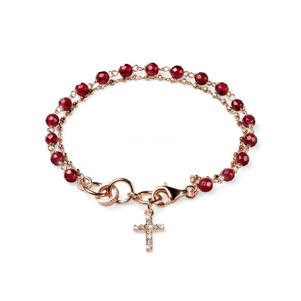 BRACCIALE DONNA COLLEZIONE ROSE ARGENTO ORO ROSA E AGATA RUBINO CON CROCE BRILLANTE