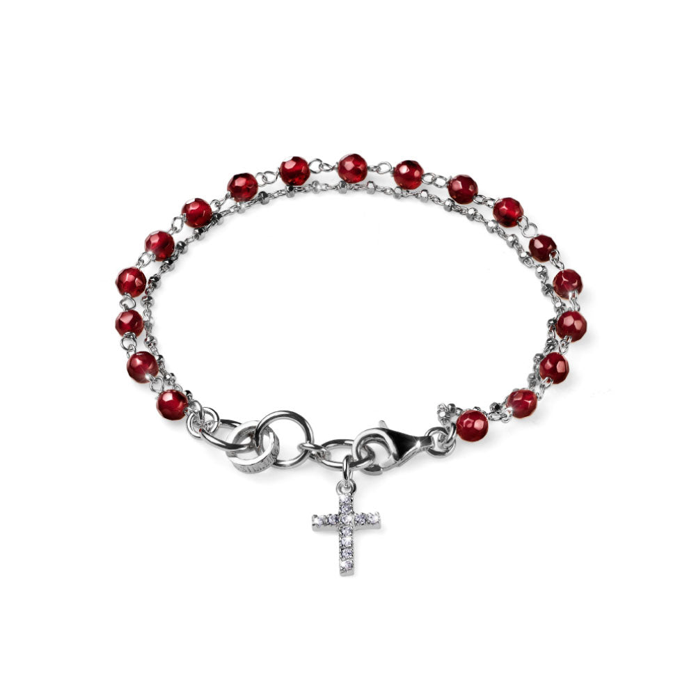 WOMEN'S BRACELET ROSE COLLECTION SILVER AND RUBY AGATE WITH BRILLIANT CROSS