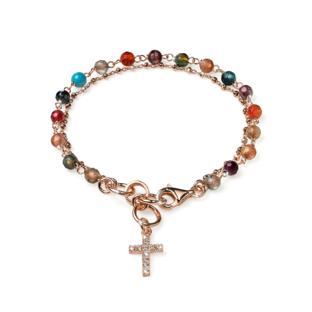 WOMEN'S BRACELET ROSE COLLECTION SILVER ROSE GOLD AND MIX STONES WITH CROSS