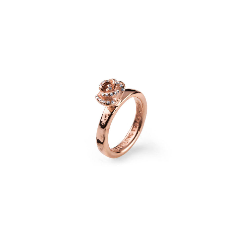 WOMEN'S RING SILVER PLATED ROSE GOLD CHARM ONE ROSE