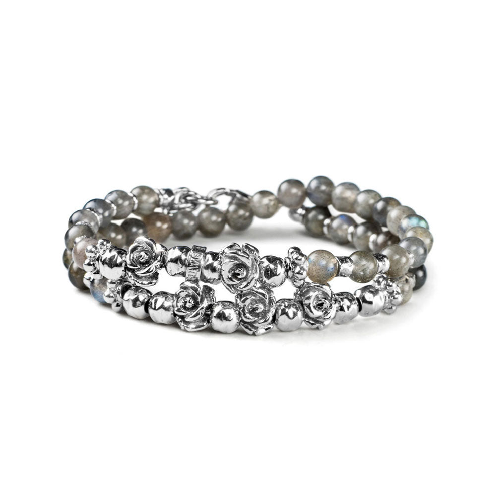 WOMEN'S BRACELET ROSE COLLECTION SILVER AND LABRADORITE TWO TURNS AND FIVE ROSES