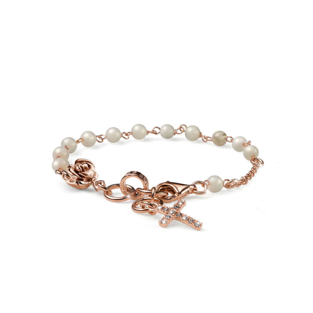 BRACCIALE DONNA COLLEZIONE ROSE ARGENTO ORO ROSA E AGATA BIANCA E CROCE CON BRILLANTI