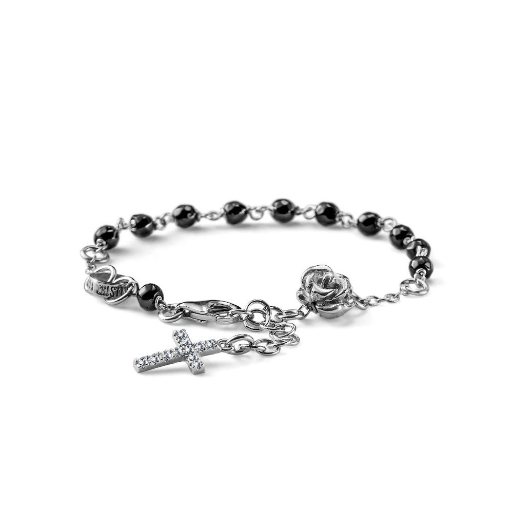 WOMEN'S BRACELET ROSE COLLECTION SILVER AND BLACK AGATE WITH CROSS AND ROSE