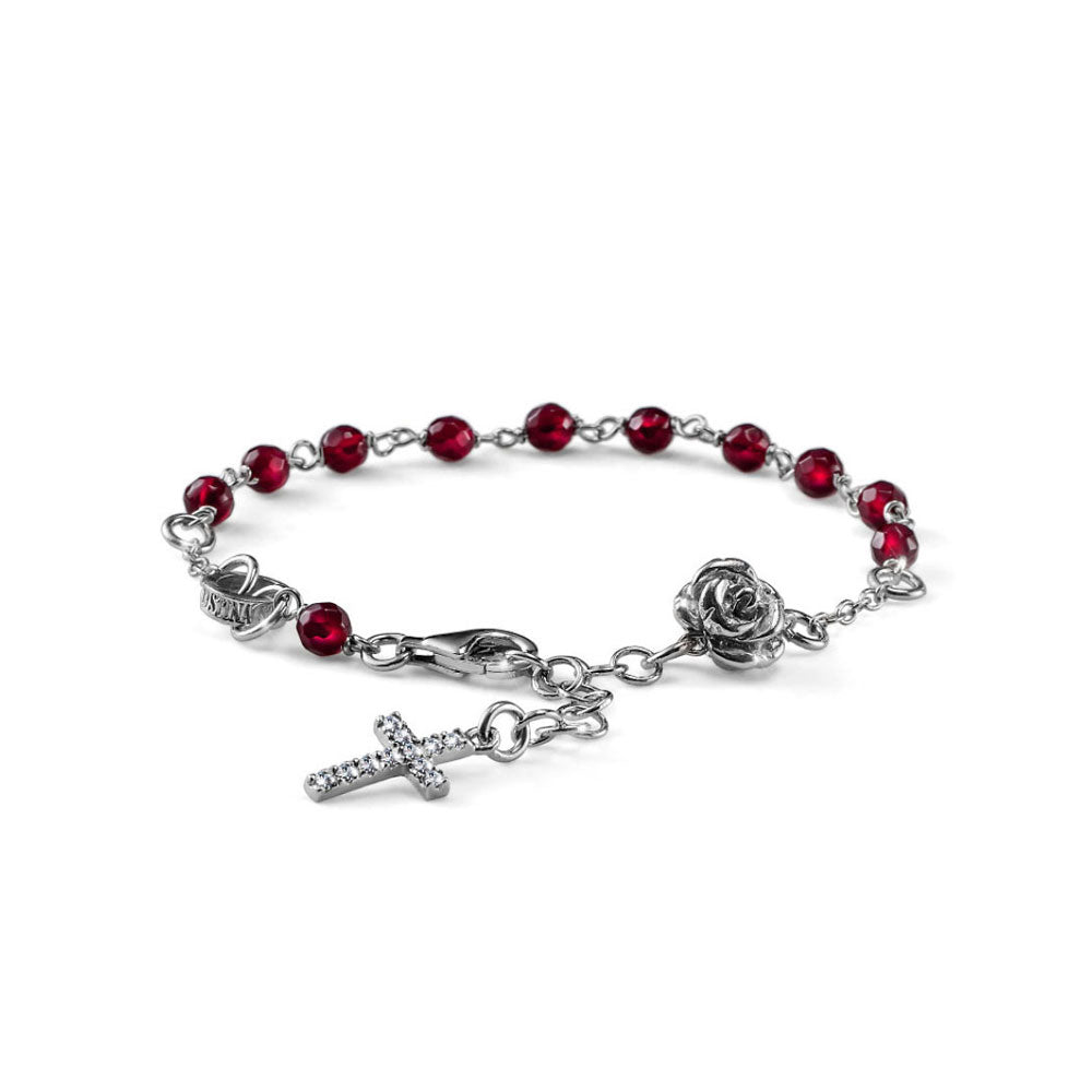 WOMEN'S BRACELET ROSE COLLECTION SILVER AND RUBY AGATE WITH ROSE AND CROSS