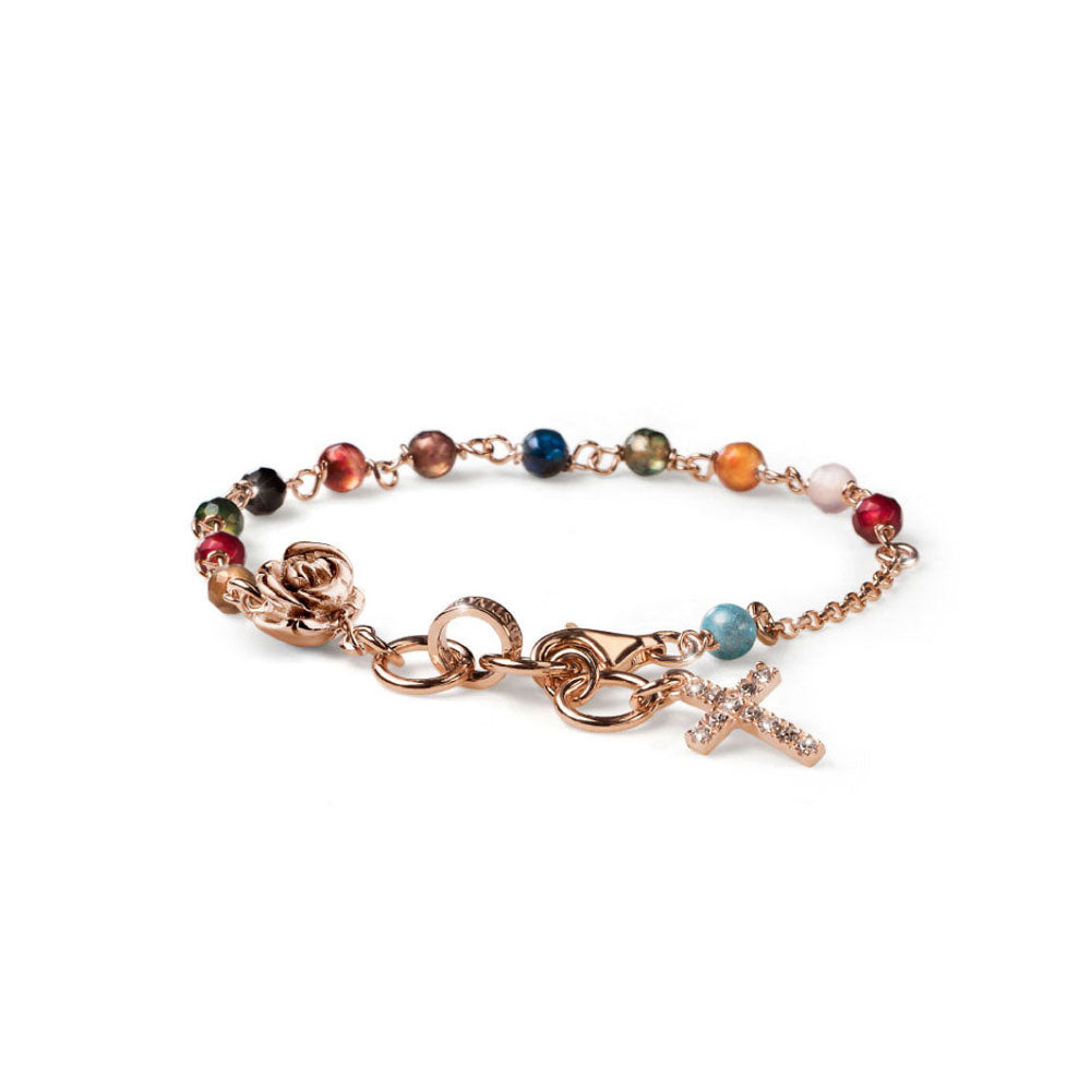 WOMEN'S BRACELET SILVER ROSE GOLD MIX STONES WITH CROSS AND ROSE