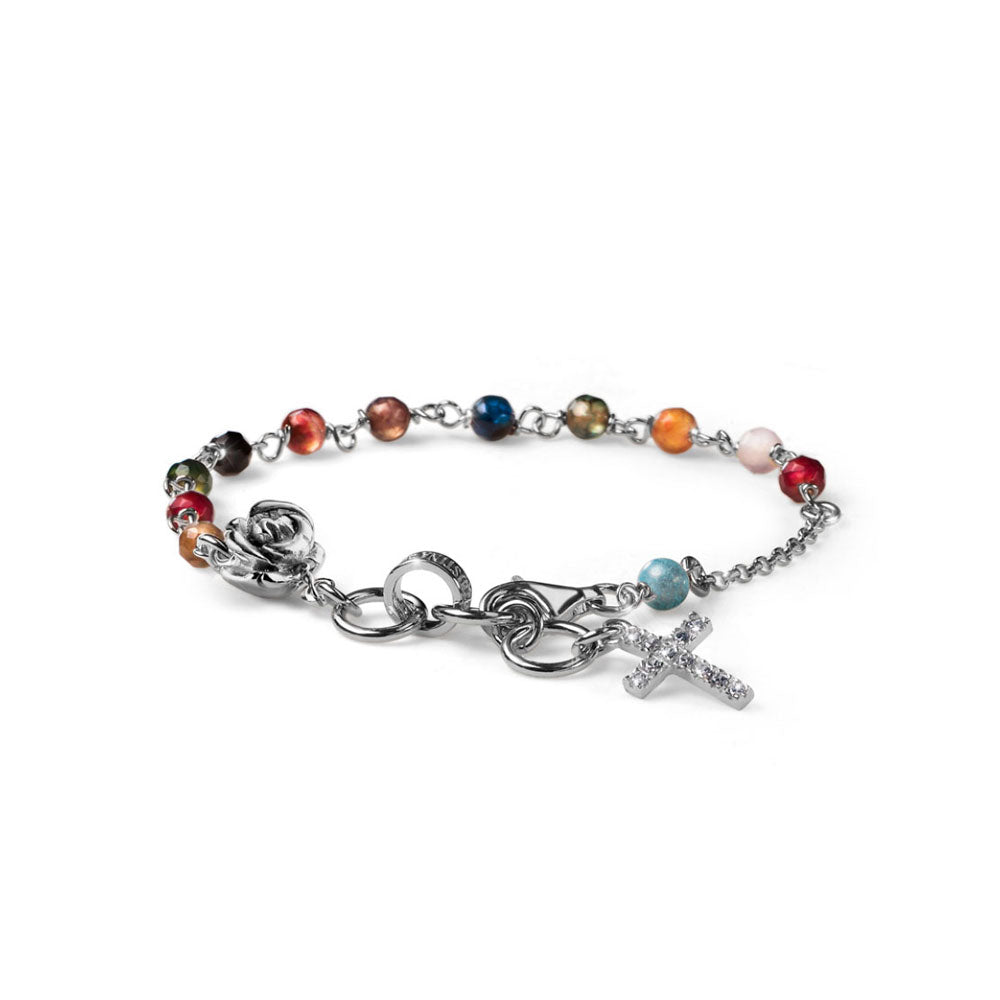 WOMEN'S BRACELET ROSE COLLECTION SILVER AND COLORED STONES CROSS AND ROSE CHARMS