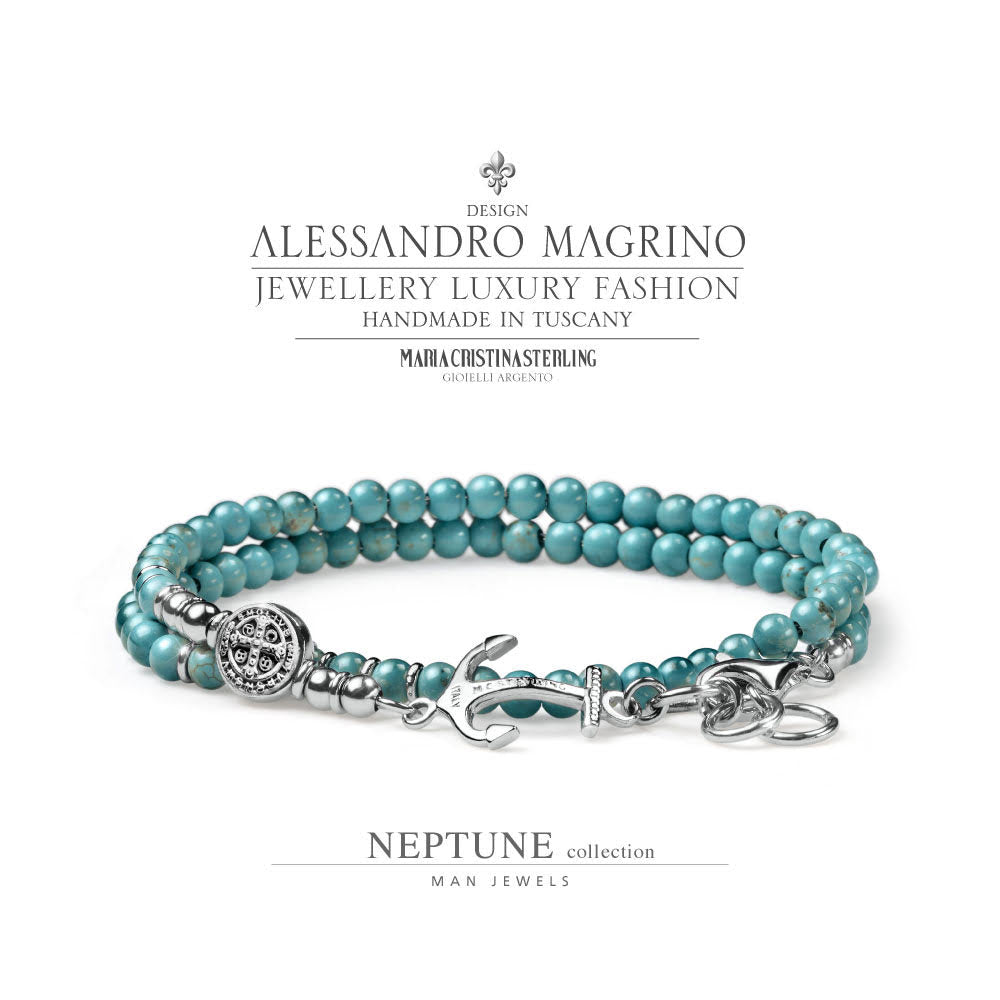 BRACCIALE UOMO COLLEZIONE NEPTUNE ARGENTO E SODALITE DUE GIRI E ANCORA