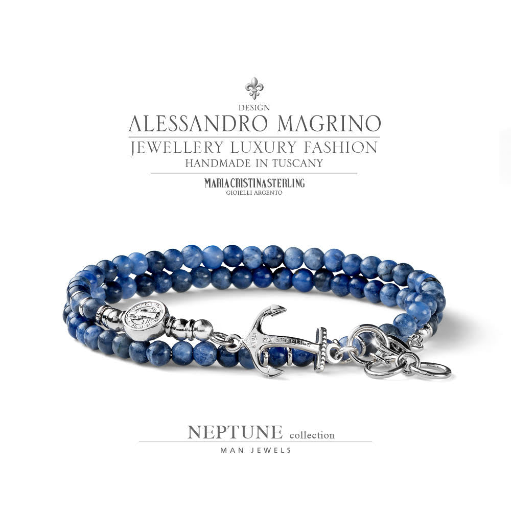 BRACCIALE UOMO COLLEZIONE NEPTUNE ARGENTO E SODALITE DUE GIRI E ANCORA