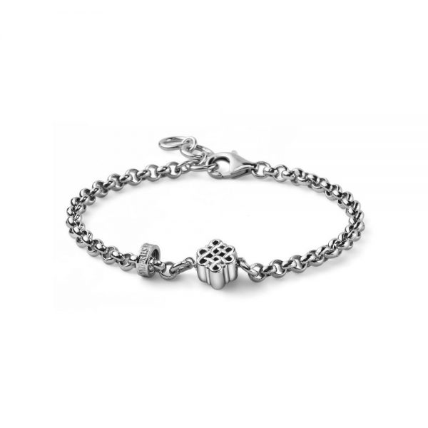 Cubetti Mens Bracelet with Mini Four-Leaf Clover Charm in Sterling Silver  and Enamel