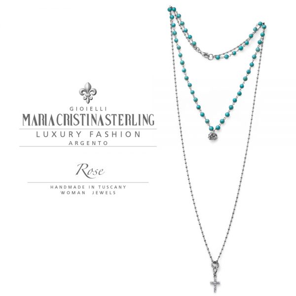 Collana donna-argento e sfere aulite celeste con croce brillante-collezione Rose-Maria Cristina Sterling