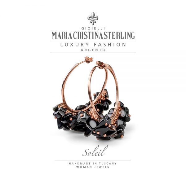 Orecchini donna-argento oro rosa e pietre di agata nera-Collezione Soleil-Maria Cristina Sterling