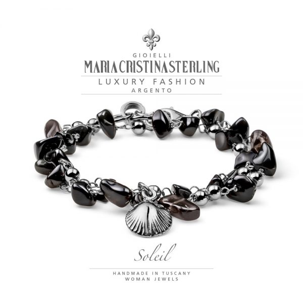 gBracciale donna-argento e agata nera-due giri-conchiglia-collezione Soleil-Maria Cristina Sterling