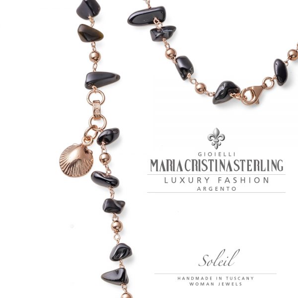 Collana donna-sfere argento rosa e agata nera-conchiglia-Soleil-Maria Cristina Sterling