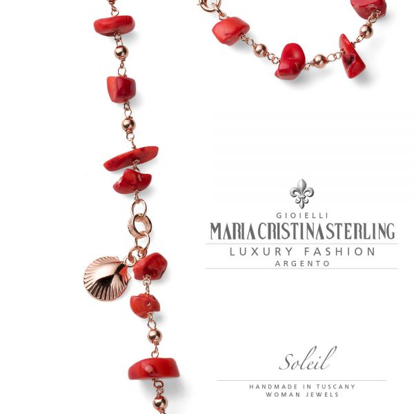 Collana donna-argento oro rosa e calcite rossa- ciondolo conchiglia-collezione Soleil-Maria Cristina Sterling